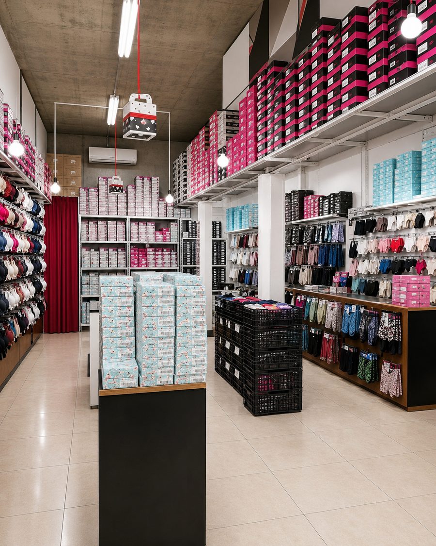 Interior del showroom de Almanagi, estanterías con packs de lencería y ropa interior organizados por color